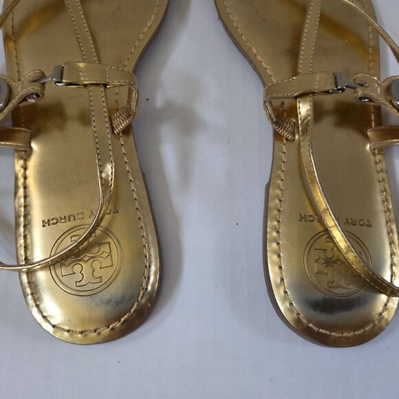 Tory Burch Ali Sandals Womens 8.5 Metallic Gold Leather Ankle Strap Thongs - Picture 7 of 10